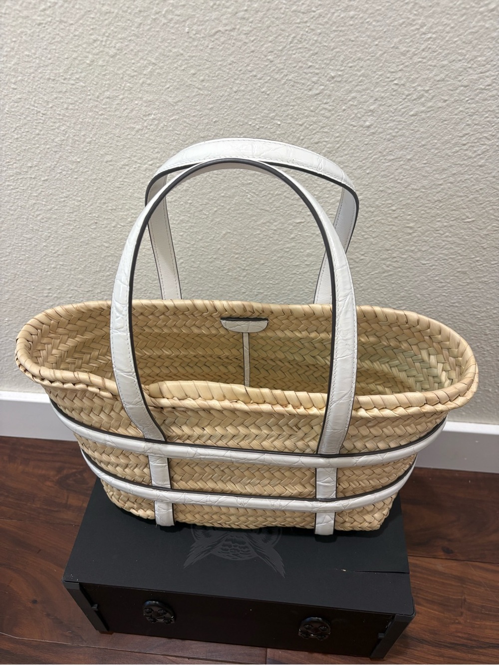 Tory Burch Ella Straw Basket Tote White Croc Embossed Trim + Dust Bag. NWT - Picture 9 of 15